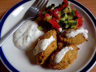 Broad Bean Falafel with Spicy Yoghurt Sauce and Salad